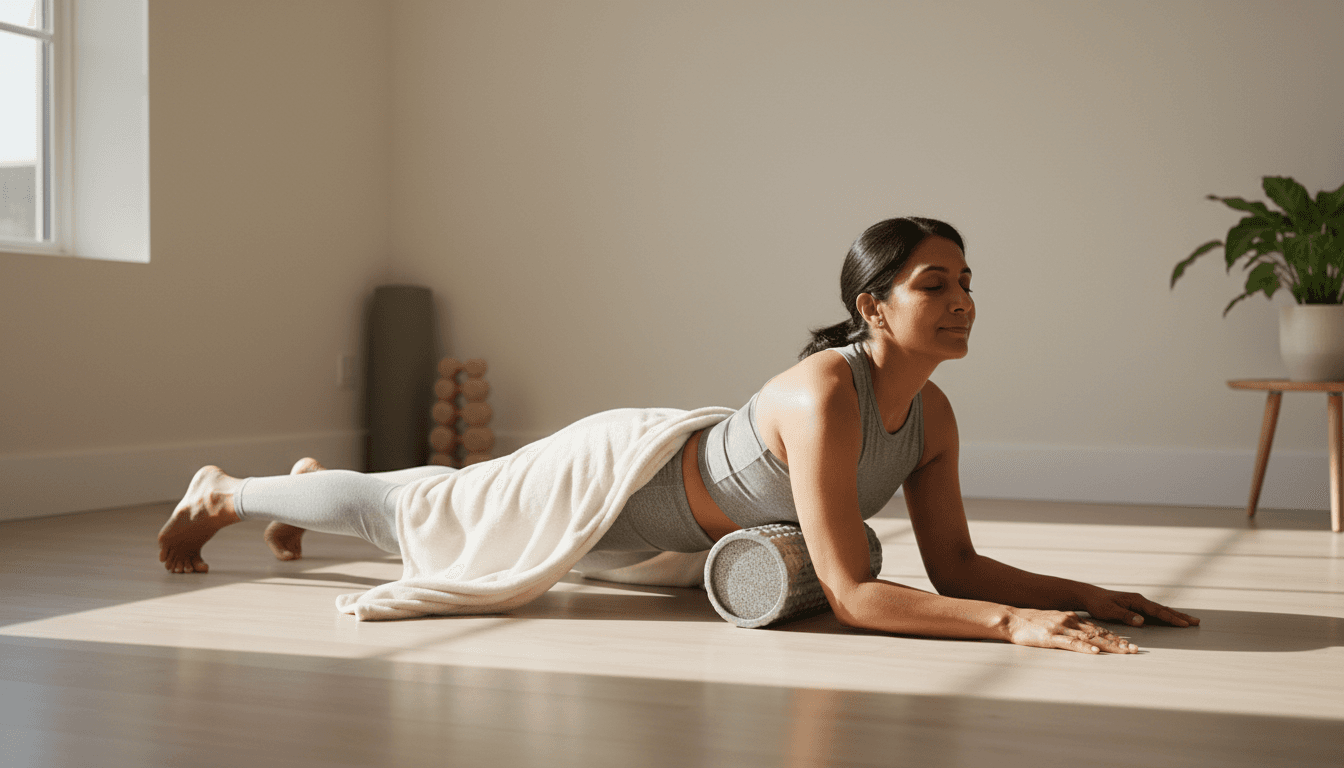 Female athlete using foam roller for recovery in calm home setting
