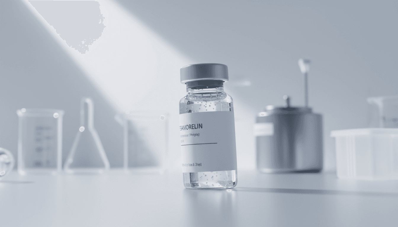 Tesamorelin peptide vial with clinical studio lighting