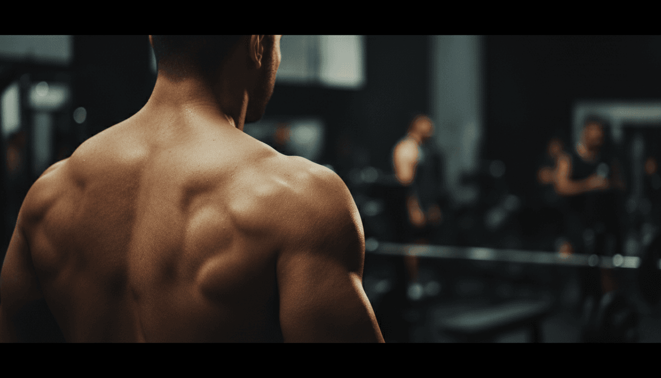 Close-up of athlete's muscular definition under dramatic lighting