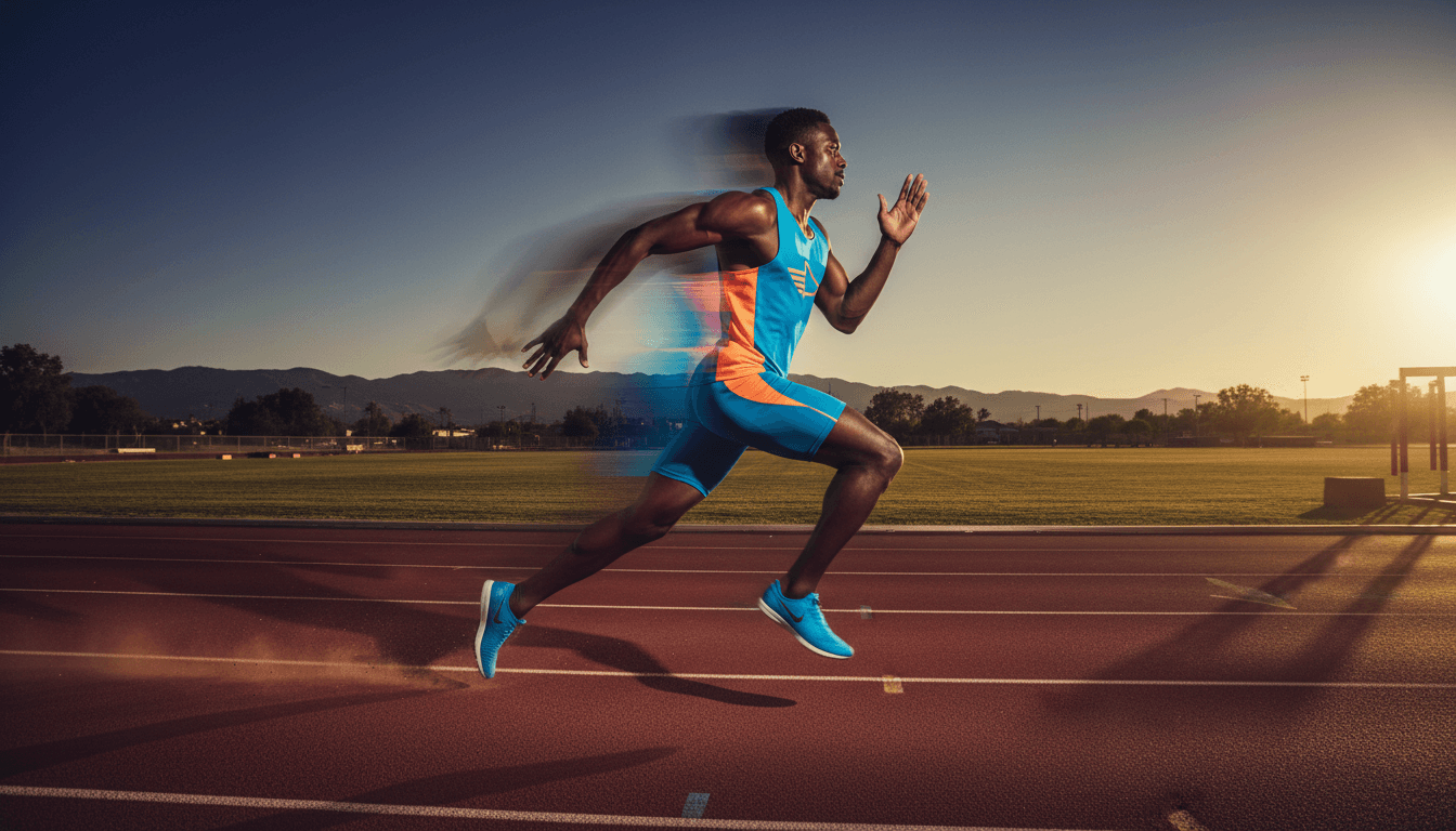 Male sprinter in dynamic motion on outdoor track at sunset