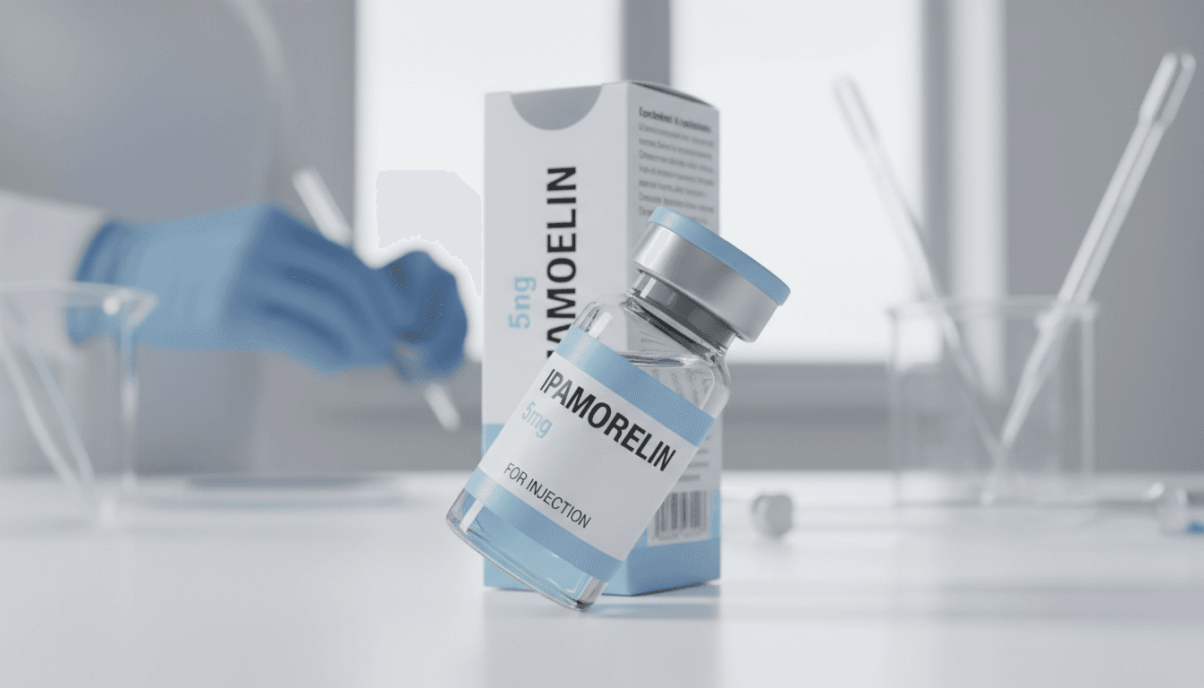 Ipamorelin peptide vial in clinical laboratory setting