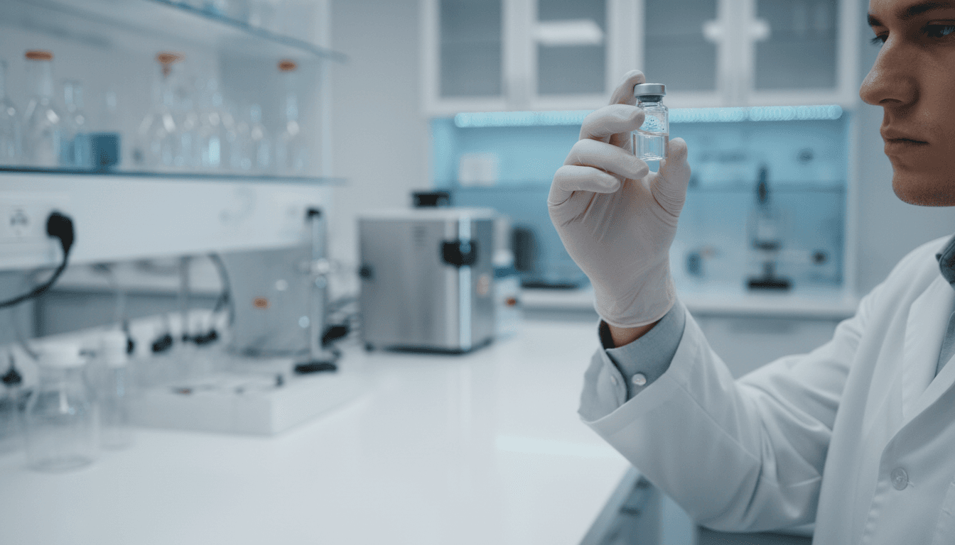Researcher examining premium peptide vial in clinical laboratory setting