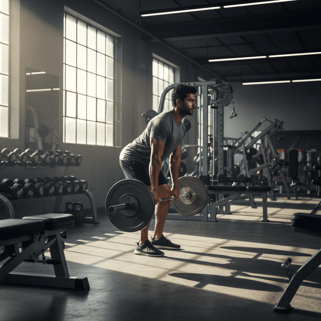 Male athlete performing strength training with barbell