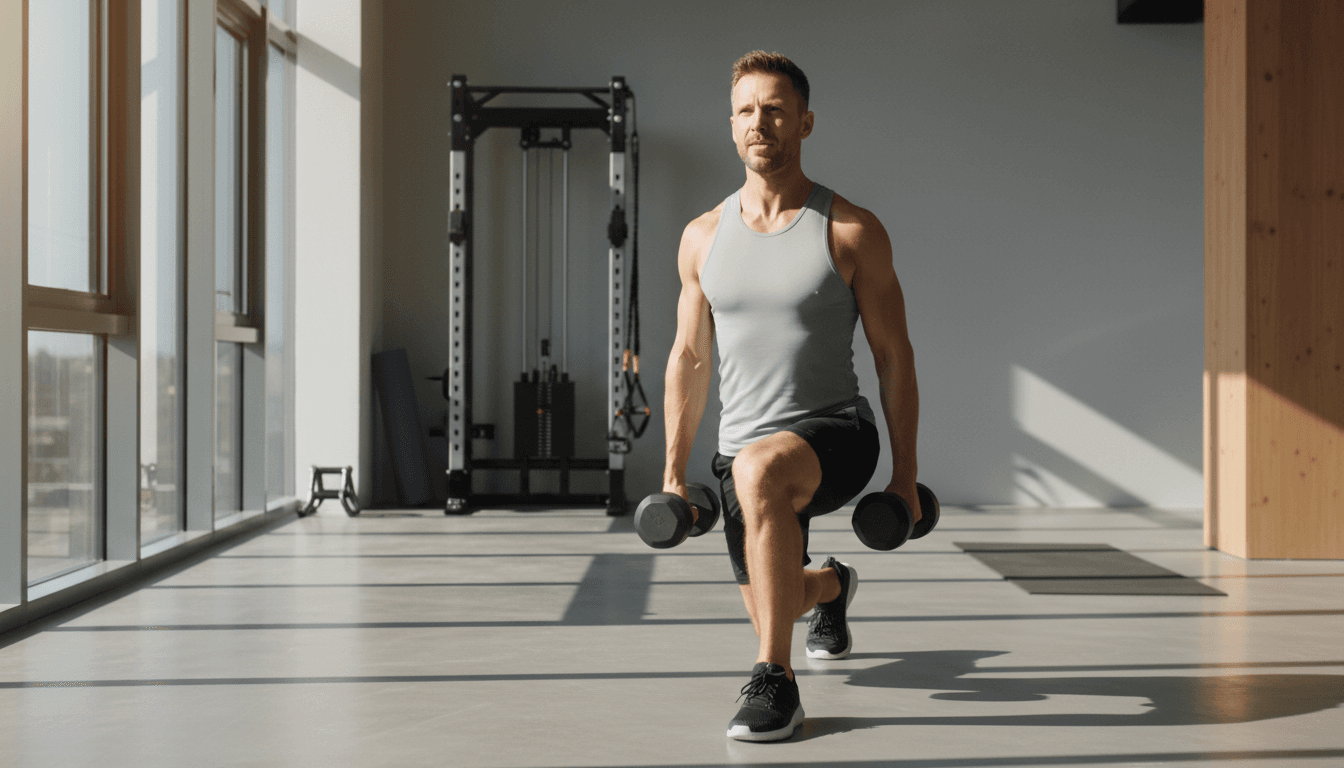 Athletic man performing compound exercise in bright modern gym