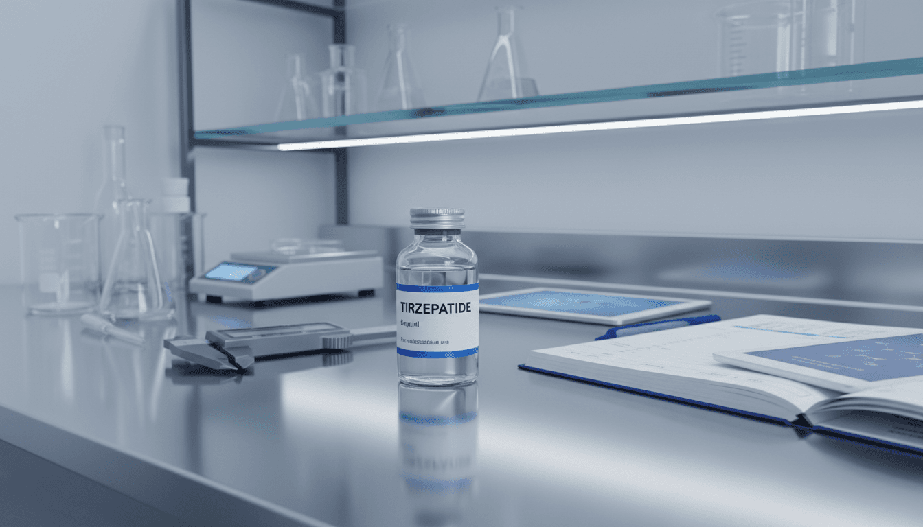 Tirzepatide vial on clinical laboratory workbench