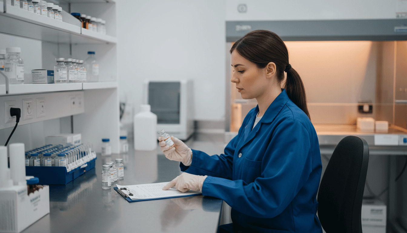 Professional pharmacy technician reviewing lab-tested products with clinical precision