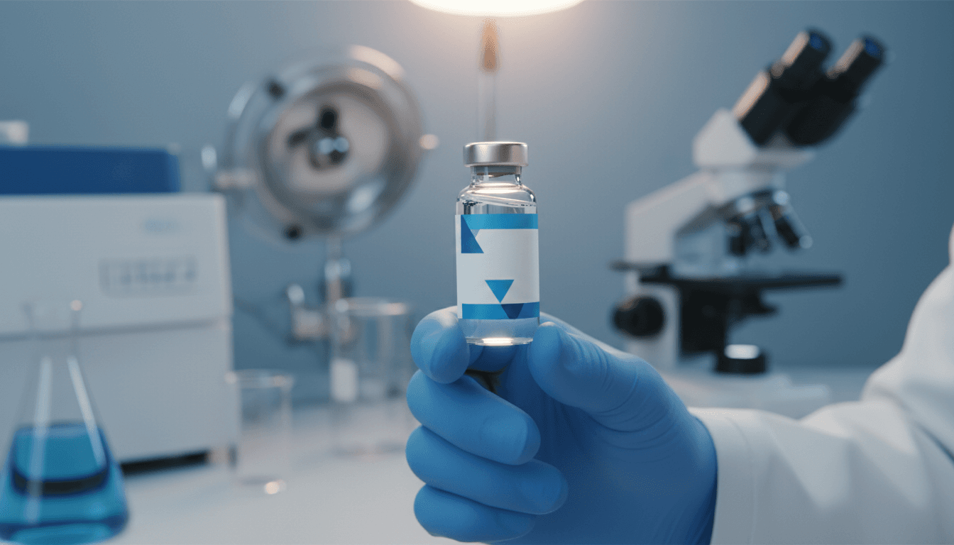 Premium pharmaceutical peptide vial under clinical laboratory lighting