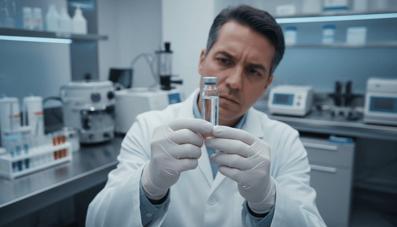 Laboratory technician examining peptide vial under clinical lighting
