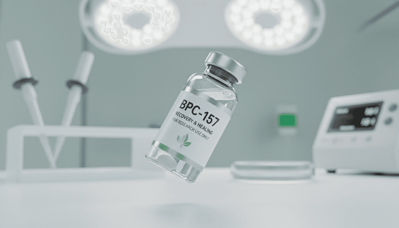 BPC-157 peptide vial in clinical laboratory environment