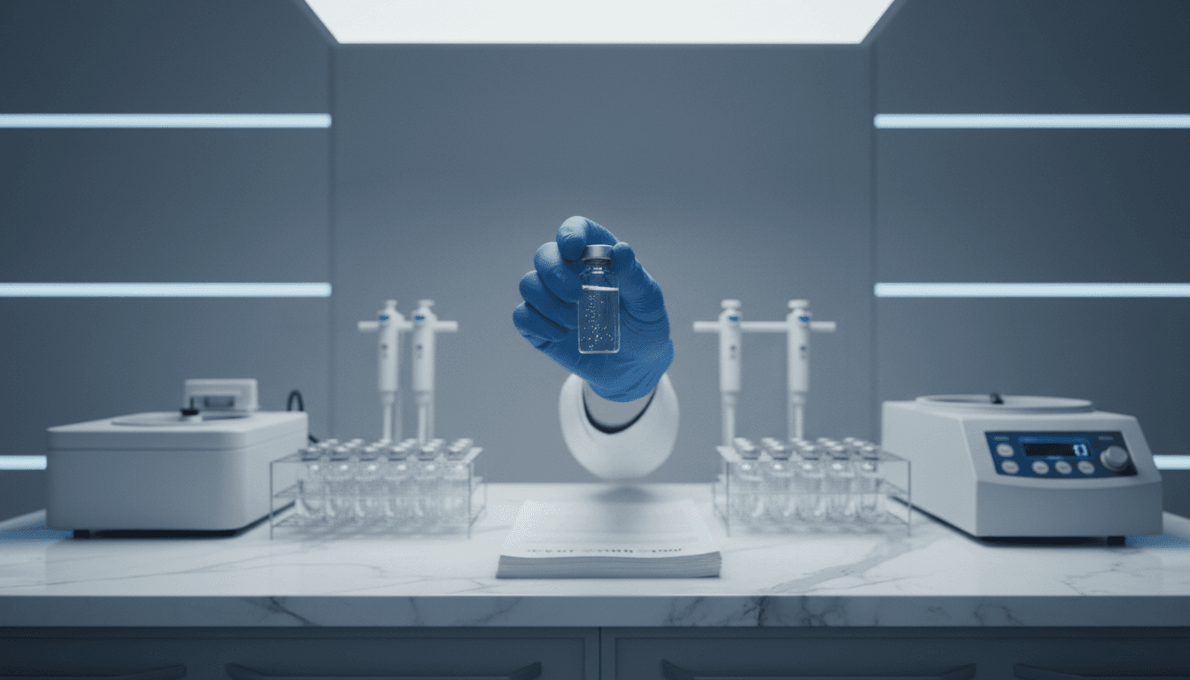 Clear peptide vial held under clinical lighting on laboratory workstation