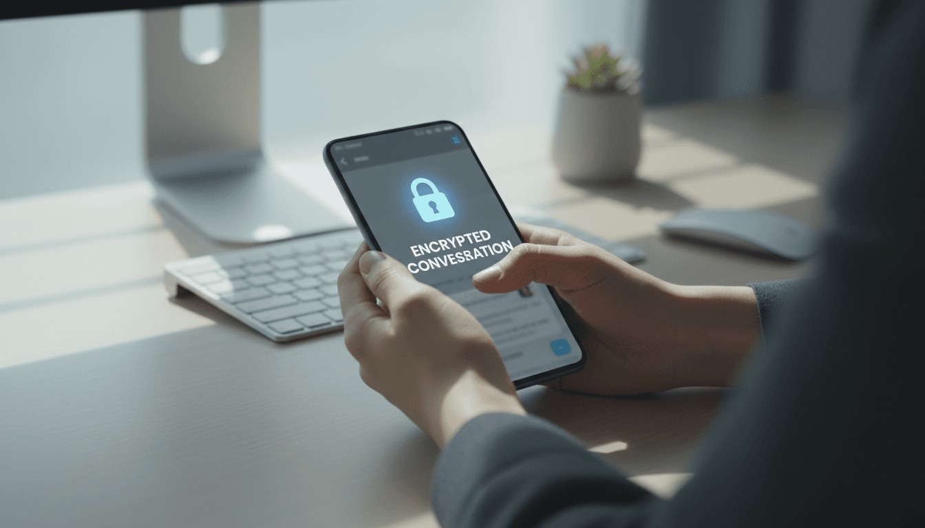 Person messaging securely on smartphone with lock icon visible