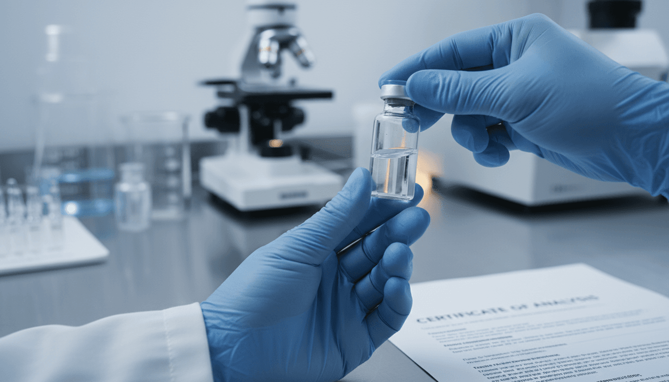 Pharmaceutical technician examining a sealed peptide vial with Certificate of Analysis