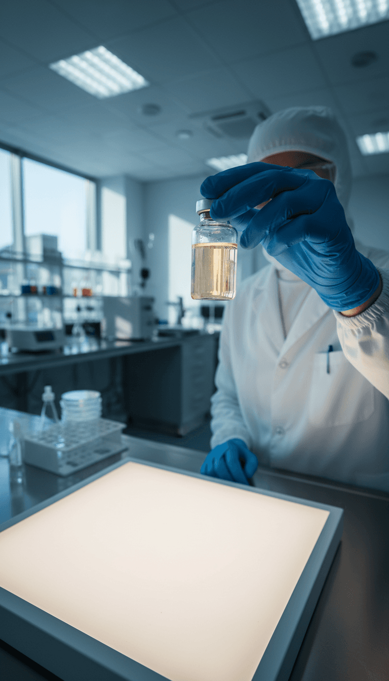 Researcher examining high-quality peptide vial in professional laboratory setting