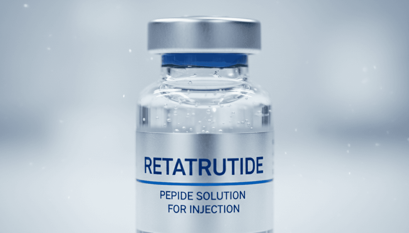 Retatrutide peptide vial macro close-up showing purity