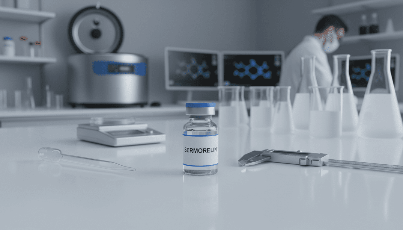 Sermorelin vial on laboratory bench with clinical tools