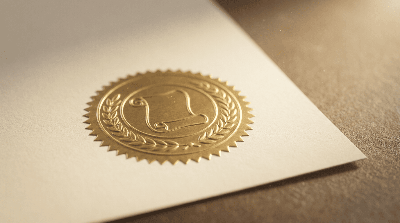 Lab-tested certification document with quality seal