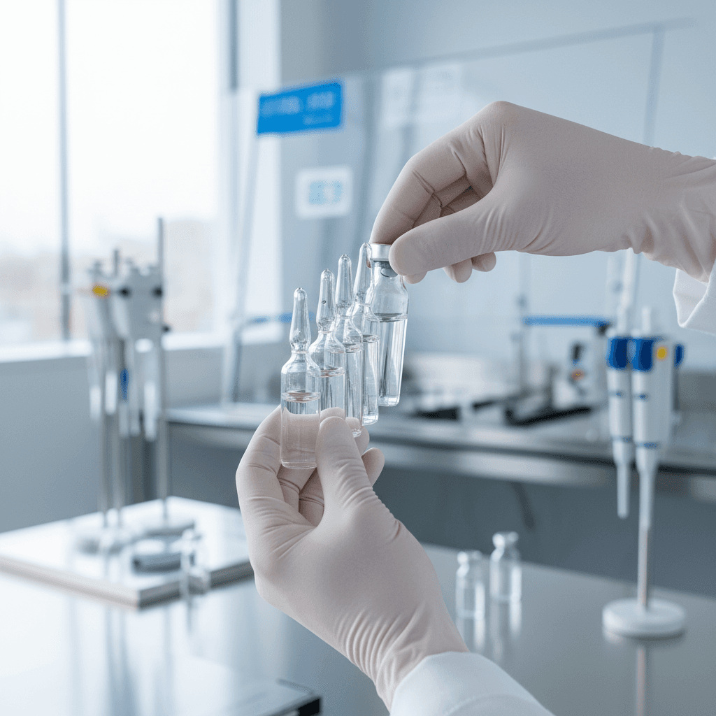 Peptide vial held in professional medical glove