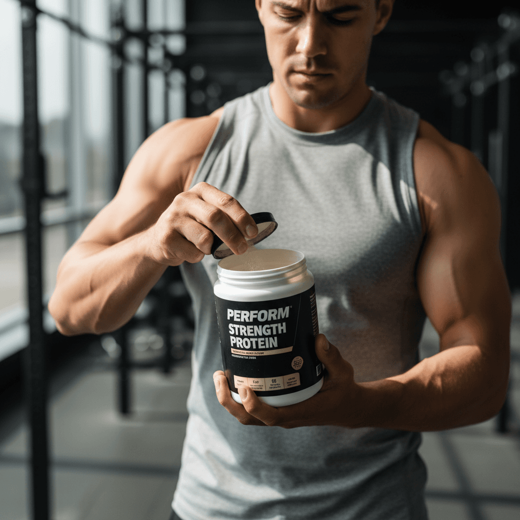 Male athlete examining muscle growth peptide vial