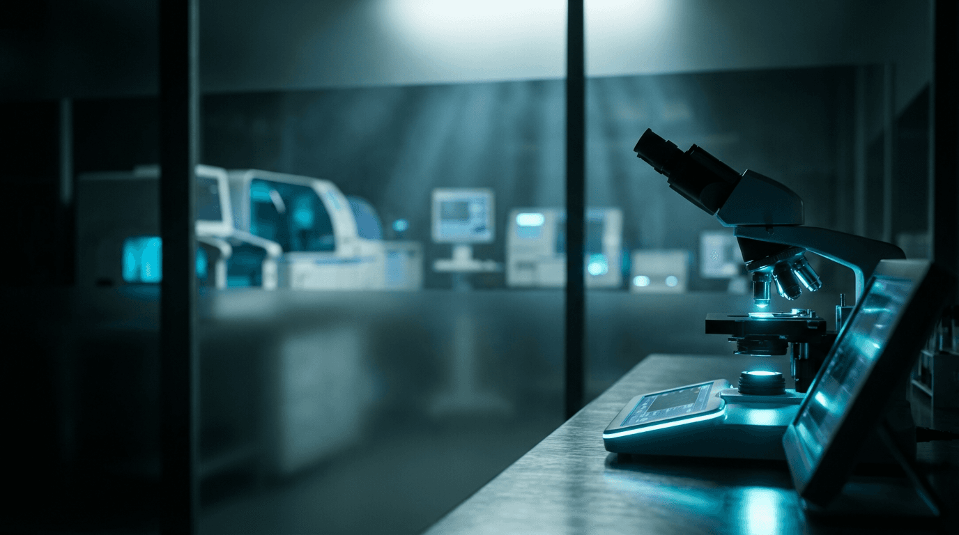 Close-up of a premium peptide vial held in a professional laboratory setting with clean, modern equipment
