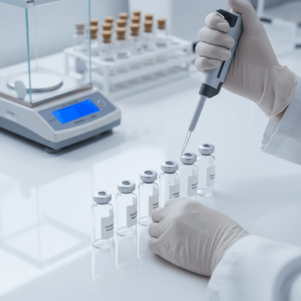 Lab technician examining peptide vial with precision