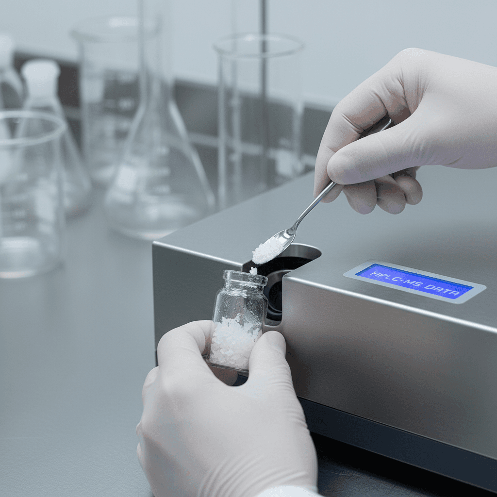 Pharmaceutical professional examining lab-tested peptide vial in clinical setting
